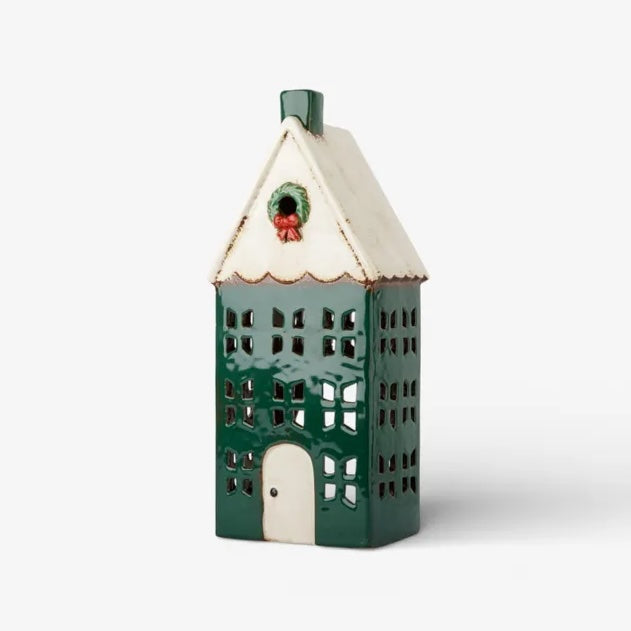 Christmas Tea Light House Green with Wreath Large
