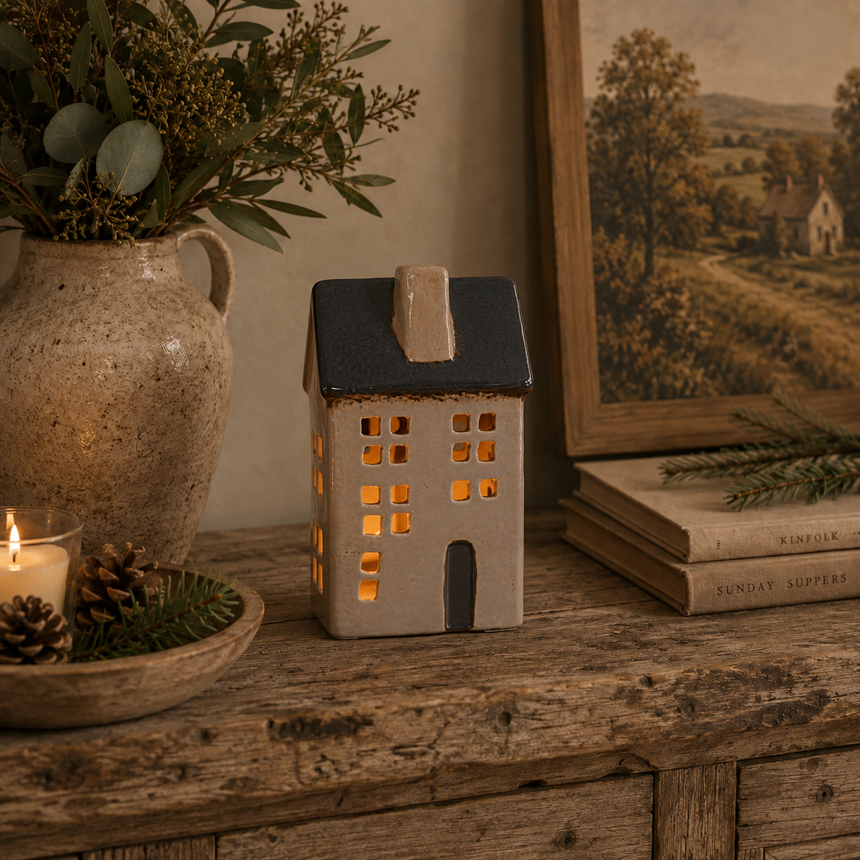 Tea Light House Blue Roof